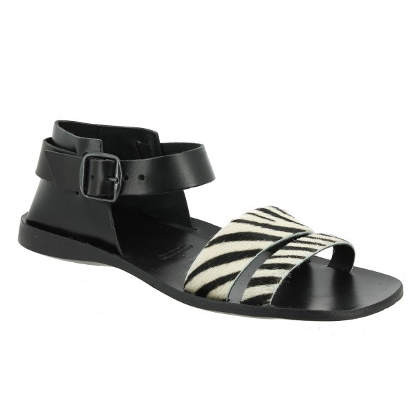 Sandale  Zeus 1825 cuir noir et façon zèbre