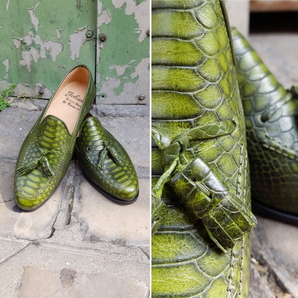 Mocassin à pompons Center 51 3136 Will cuir façon python vert