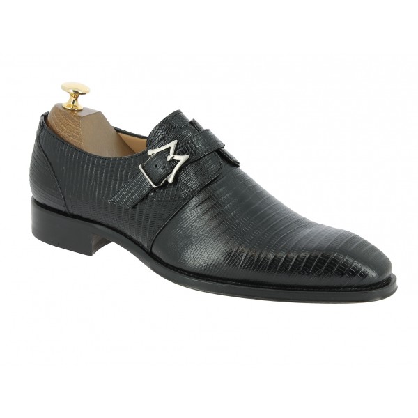 Monk strap shoe Mezlan 4594 genuine black lizard