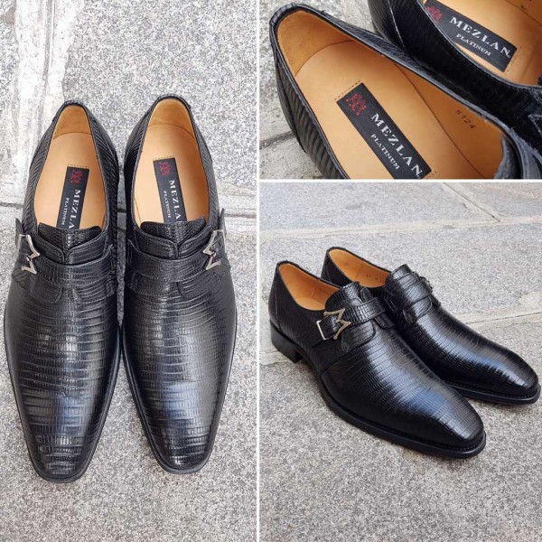 Monk strap shoe Mezlan 4594 genuine black lizard