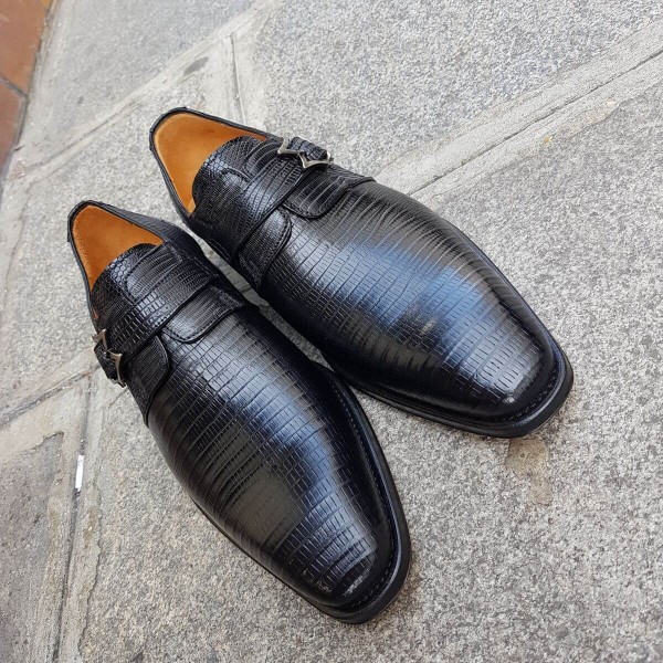 Chaussure à boucle Mezlan 4594 véritable lézard noir