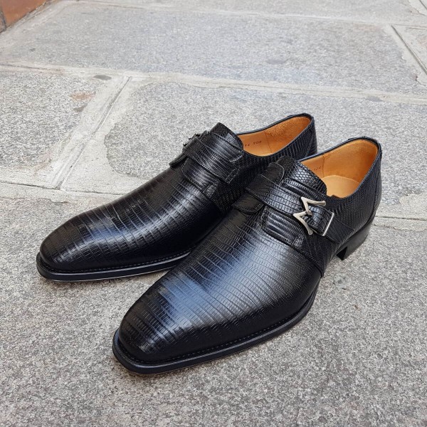 Monk strap shoe Mezlan 4594 genuine black lizard
