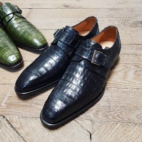 Chaussure à boucle Mezlan 4312 véritable crocodile noir