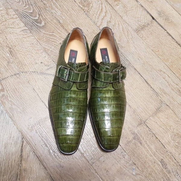 Chaussure à boucle Mezlan 4312 véritable crocodile vert