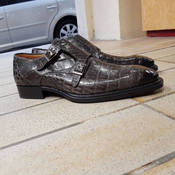Double Monk strap shoe Mezlan 3998 genuine grey crocodile