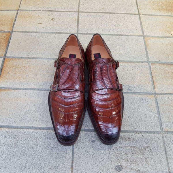 Chaussure à double boucles Mezlan 3998 véritable crocodile marron