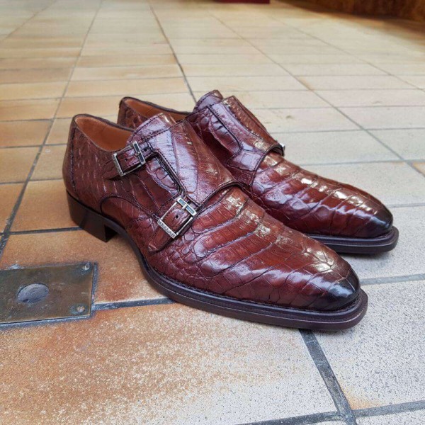 Double Monk strap shoe Mezlan 3998 genuine brown crocodile