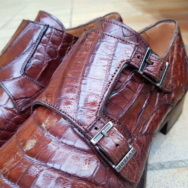 Chaussure à double boucles Mezlan 3998 véritable crocodile marron