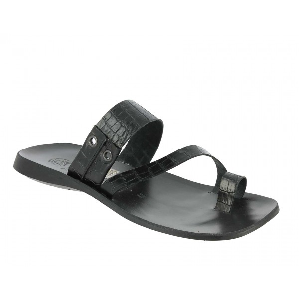 Sandals Zeus 1092 black leather crocodile print finish