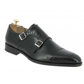 Double Monk strap shoe Center 51 13220 bi-material black leather and black python print finish
