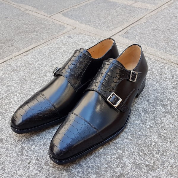 Double Monk strap shoe Center 51 13220 bi-material black leather and black python print finish