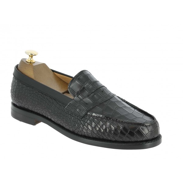 Moccasin shoe Berwick 4456 black leather crocodile print finish