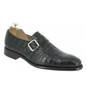 Monk strap shoe Berwick 3520 black leather crocodile print finish