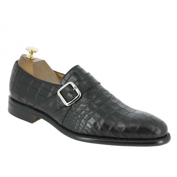 Monk strap shoe Berwick 3520 black leather crocodile print finish