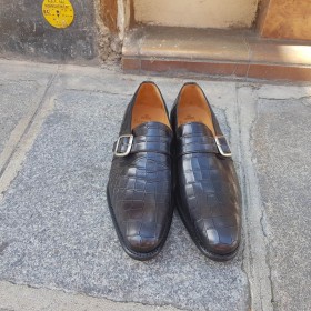 Monk strap shoe Berwick 3520 black leather crocodile print finish