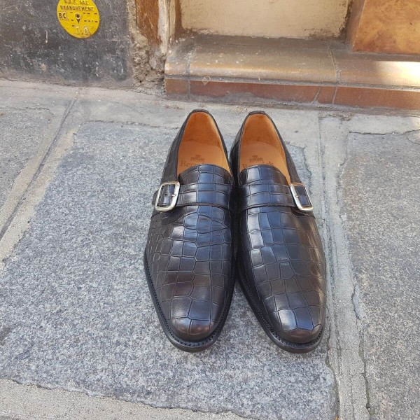 Chaussure à boucle Berwick 3520 cuir façon crocodile noir