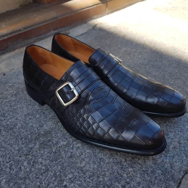 Monk strap shoe Berwick 3520 black leather crocodile print finish
