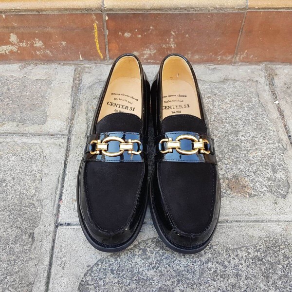 Mocassin Center 51 13083 bi-matière cuir vernis et daim noir