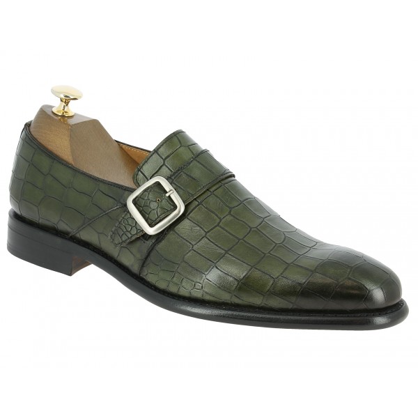 Monk strap shoe Berwick 3520 green leather crocodile print finish