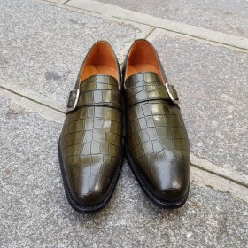 Monk strap shoe Berwick 3520 green leather crocodile print finish