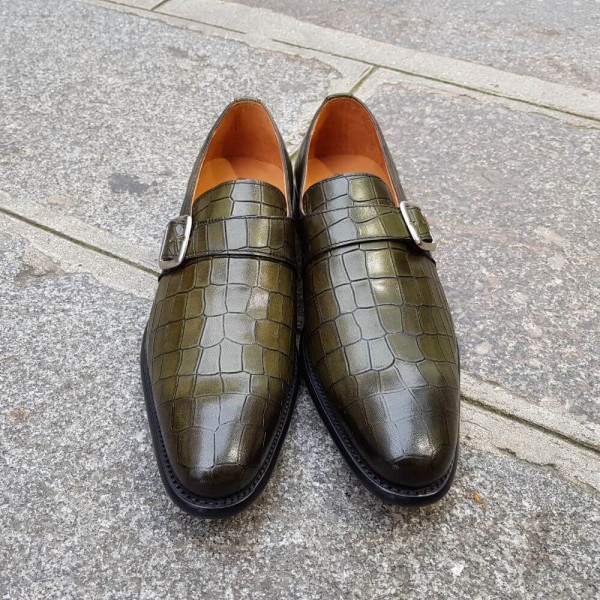 Monk strap shoe Berwick 3520 green leather crocodile print finish