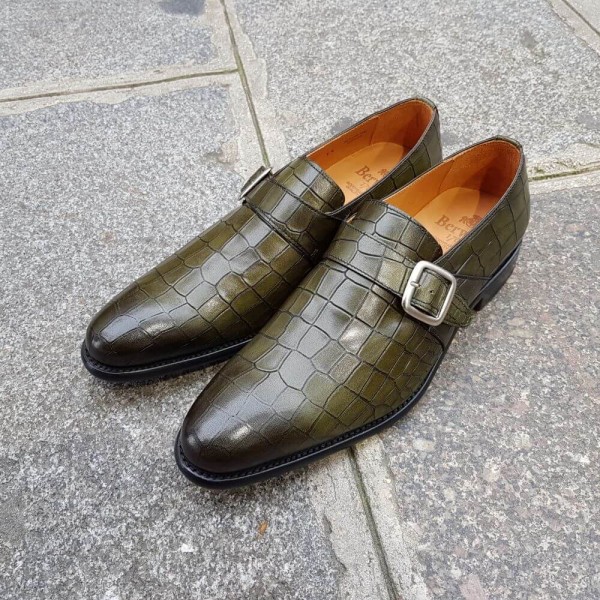Chaussure à boucle Berwick 3520 cuir façon crocodile vert