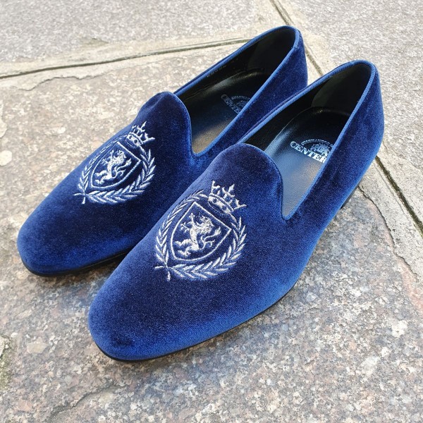 Moccasin embroidered slippers sleepers Center 51 crown blue navy velvelt