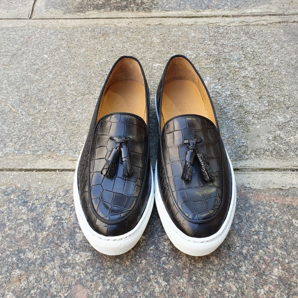 Sneakers mocassin à pompons Center 51 Coolest cuir noir façon croco