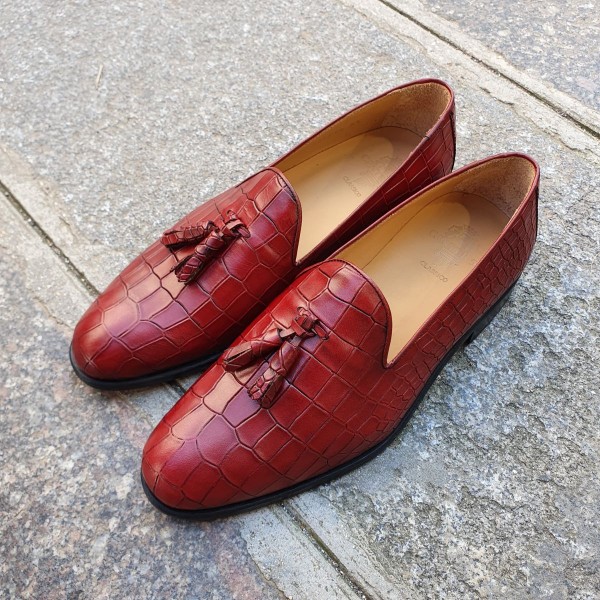 Mocassin à pompons Center 51 classico safety cuir rouge façon croco