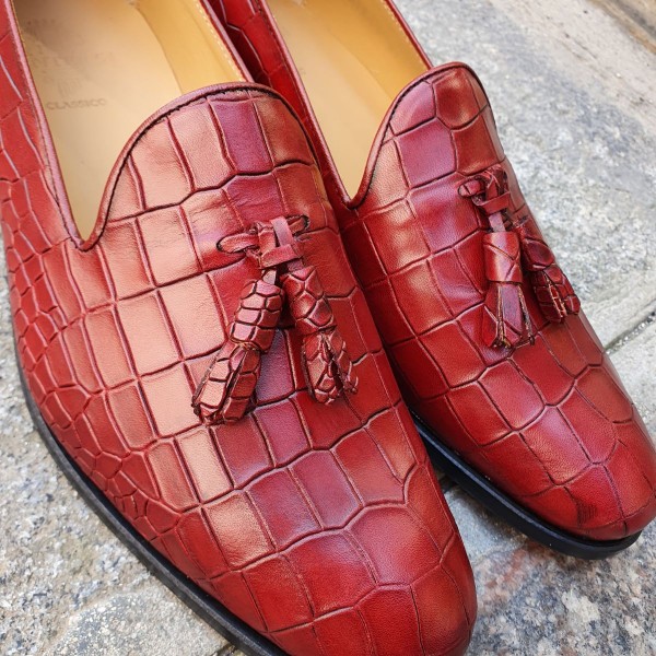 Mocassin à pompons Center 51 classico safety cuir rouge façon croco