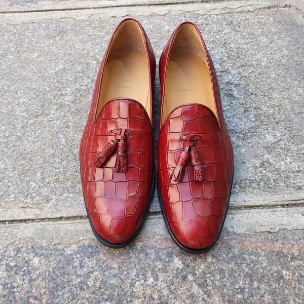 Mocassin à pompons Center 51 classico safety cuir rouge façon croco