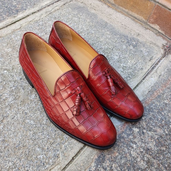 Moccasin shoe with pompons Center 51 Classico Safety red leather croco print finish