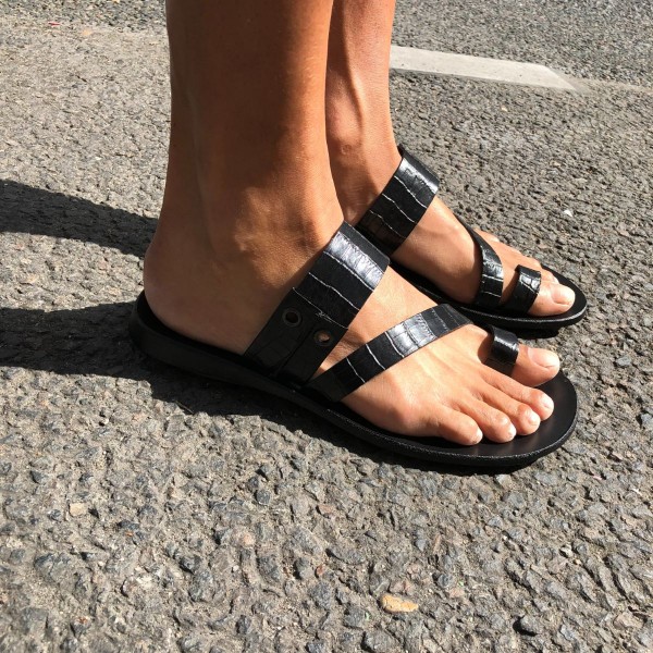 SandaleZeus 1092 cuir façon crocodile noir