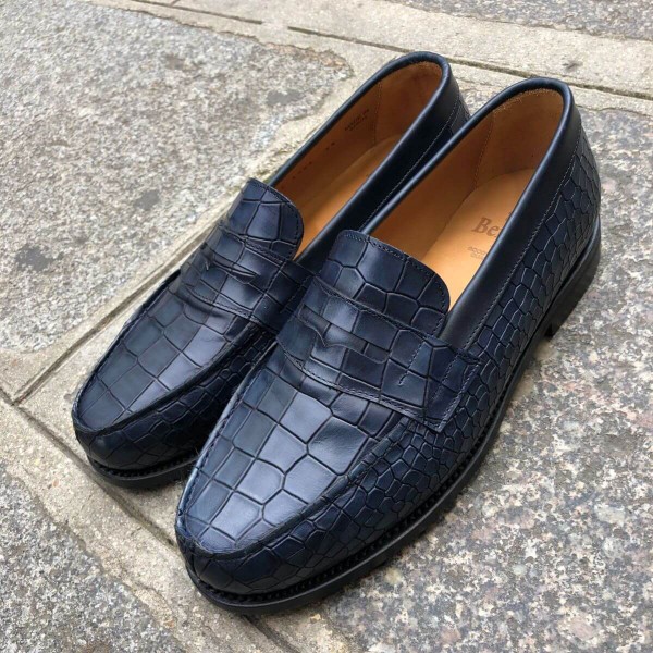 Moccasin shoe Berwick 4456 blue navy leather crocodile print finish
