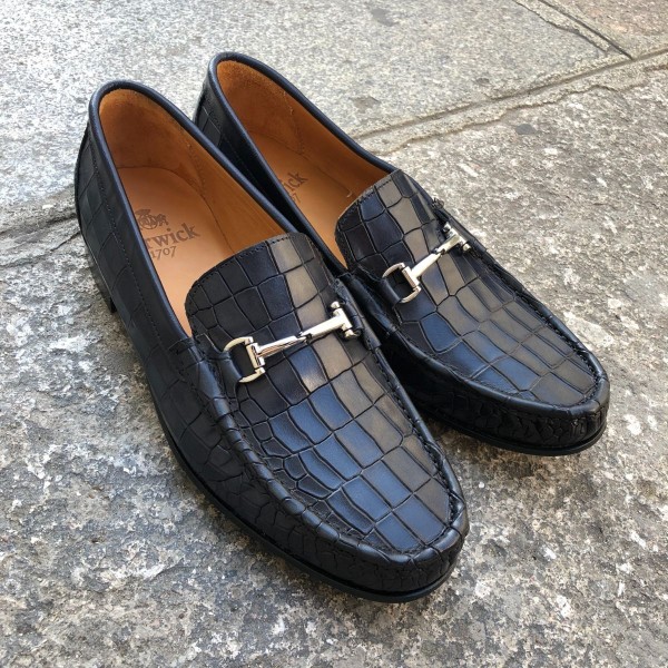 Moccasin shoe Berwick 5285 blue navy leather crocodile print finish