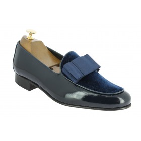 Mocassin a noeud slippers sleepers Center 51 Xmas cuir vernis marine velours marine et noeud marine