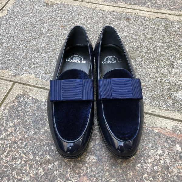 Moccasin bow knot slippers sleepers Center 51 Xmas navy blue varnished leather navy blue velvet and navy blue bow knot