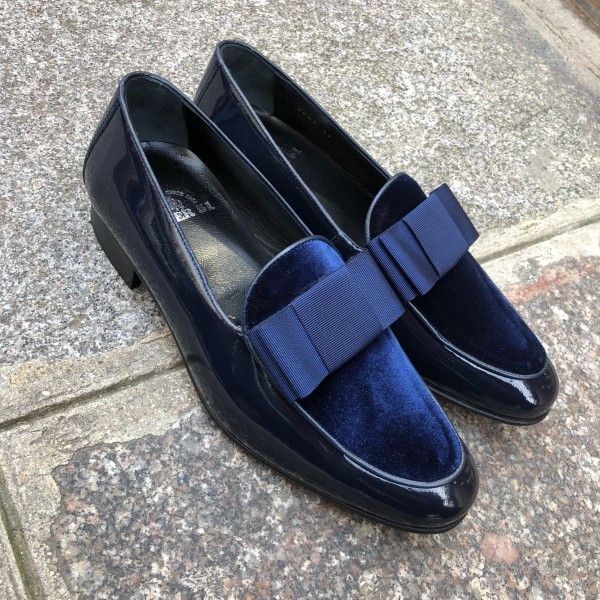 Moccasin bow knot slippers sleepers Center 51 Xmas navy blue varnished leather navy blue velvet and navy blue bow knot