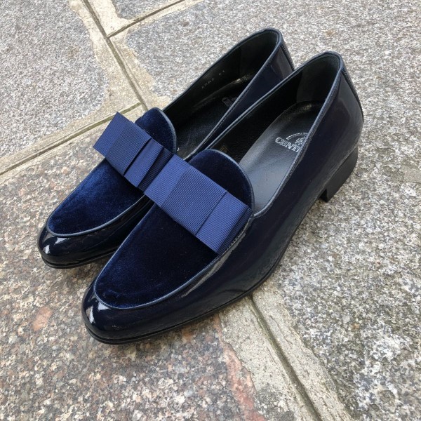 Moccasin bow knot slippers sleepers Center 51 Xmas navy blue varnished leather navy blue velvet and navy blue bow knot