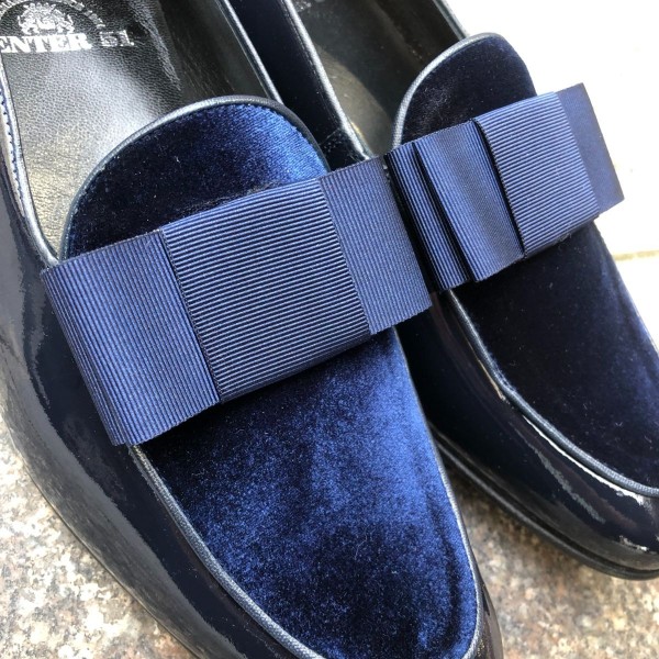 Mocassin a noeud slippers sleepers Center 51 Xmas cuir vernis marine velours marine et noeud marine