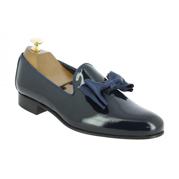 Moccasin bow knot slippers sleepers Center 51 Knot navy blue varnished leather with navy blue bow knot