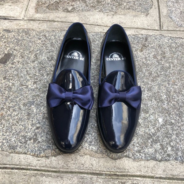 Moccasin bow knot slippers sleepers Center 51 Knot navy blue varnished leather with navy blue bow knot