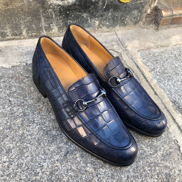 Moccasin shoe Center 51 Classico Sphynx blue navy leather croco print finish
