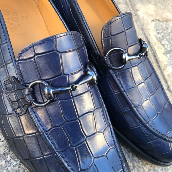 Moccasin shoe Center 51 Classico Sphynx blue navy leather croco print finish