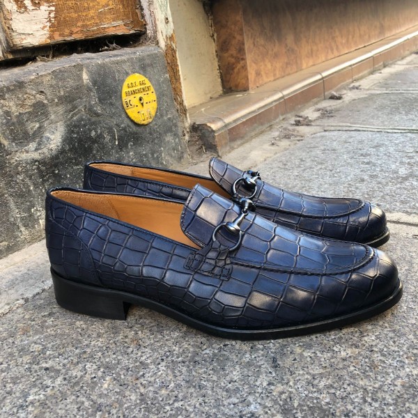 Moccasin shoe Center 51 Classico Sphynx blue navy leather croco print finish