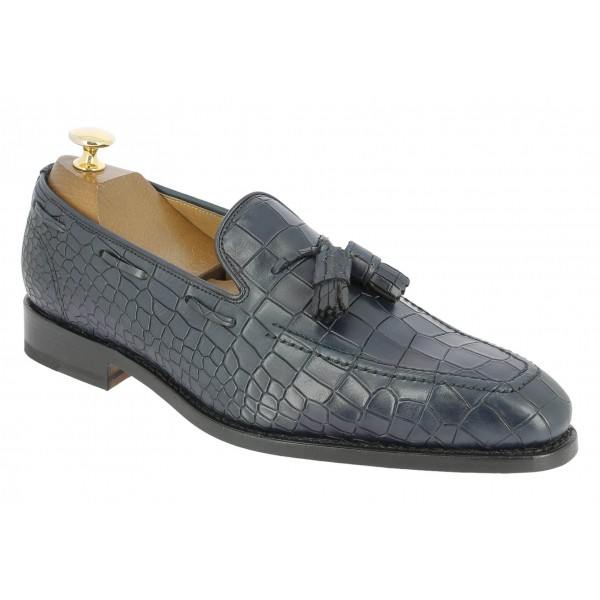 Moccasin with Pompons Center 51 14151 blue navy leather crocodile print finish