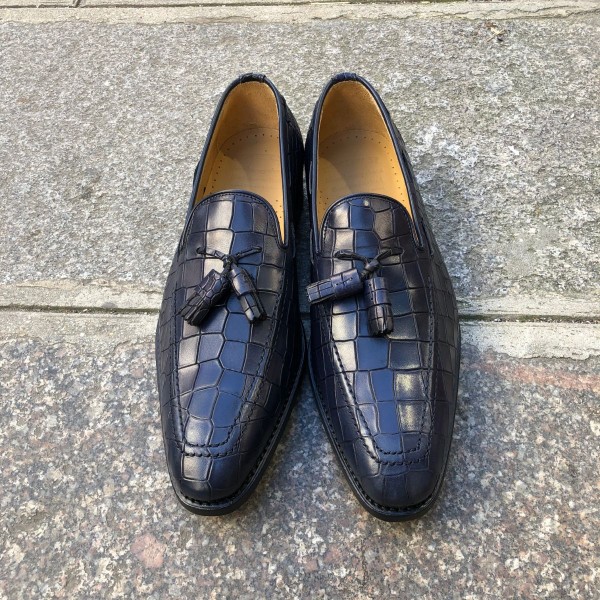 Moccasin with Pompons Center 51 14151 blue navy leather crocodile print finish