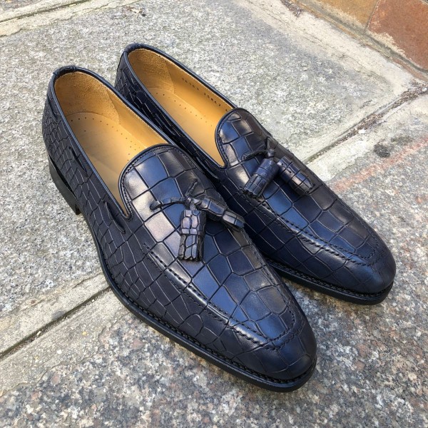 Moccasin with Pompons Center 51 14151 blue navy leather crocodile print finish