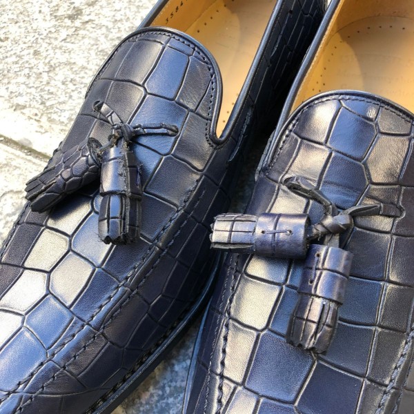 Moccasin with Pompons Center 51 14151 blue navy leather crocodile print finish