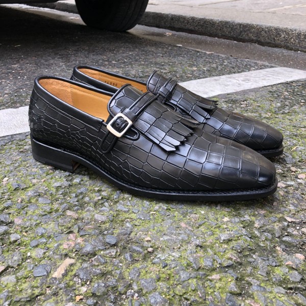 Mocassin à frange Center 51 14096 cuir noir façon crocodile